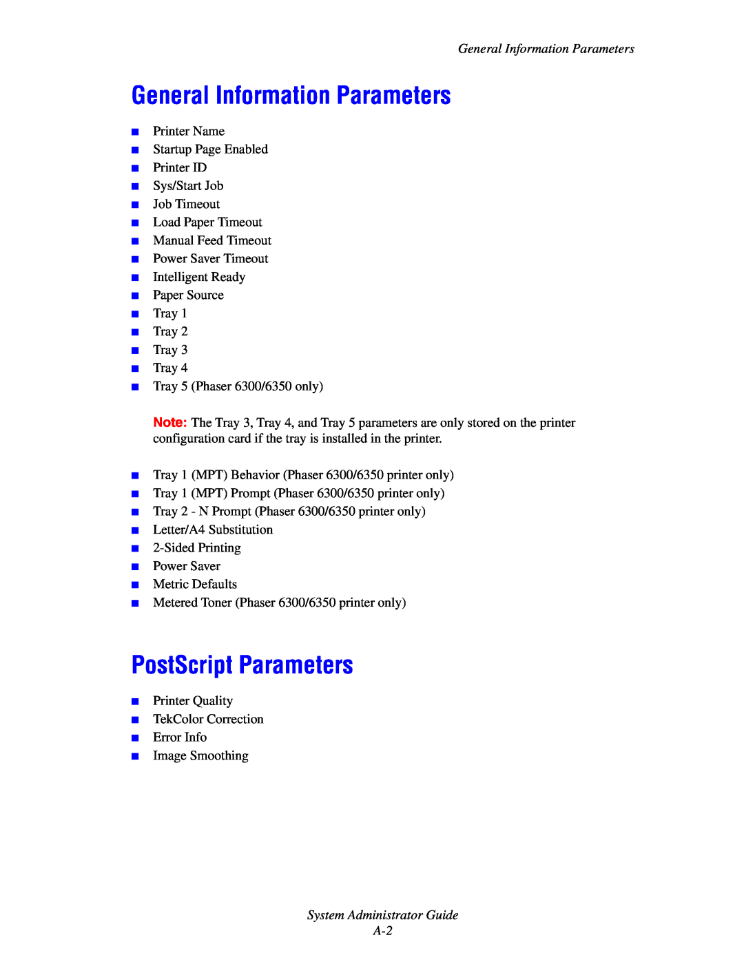 Xerox 6300, 6350, 8500, 8550 manual General Information Parameters, PostScript Parameters, System Administrator Guide A-2 