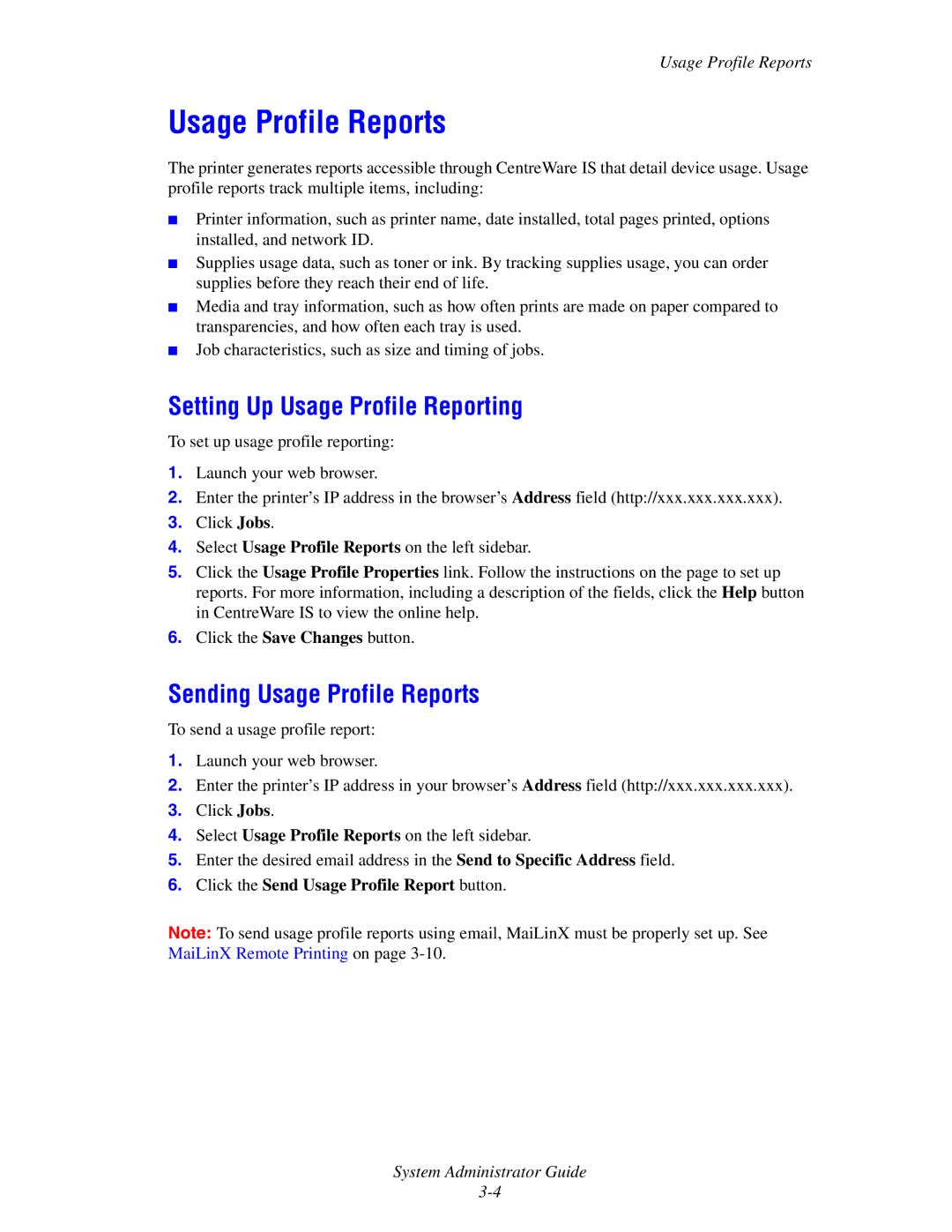 Xerox 6300, 6350, 8500, 8550 manual Setting Up Usage Profile Reporting, Sending Usage Profile Reports 