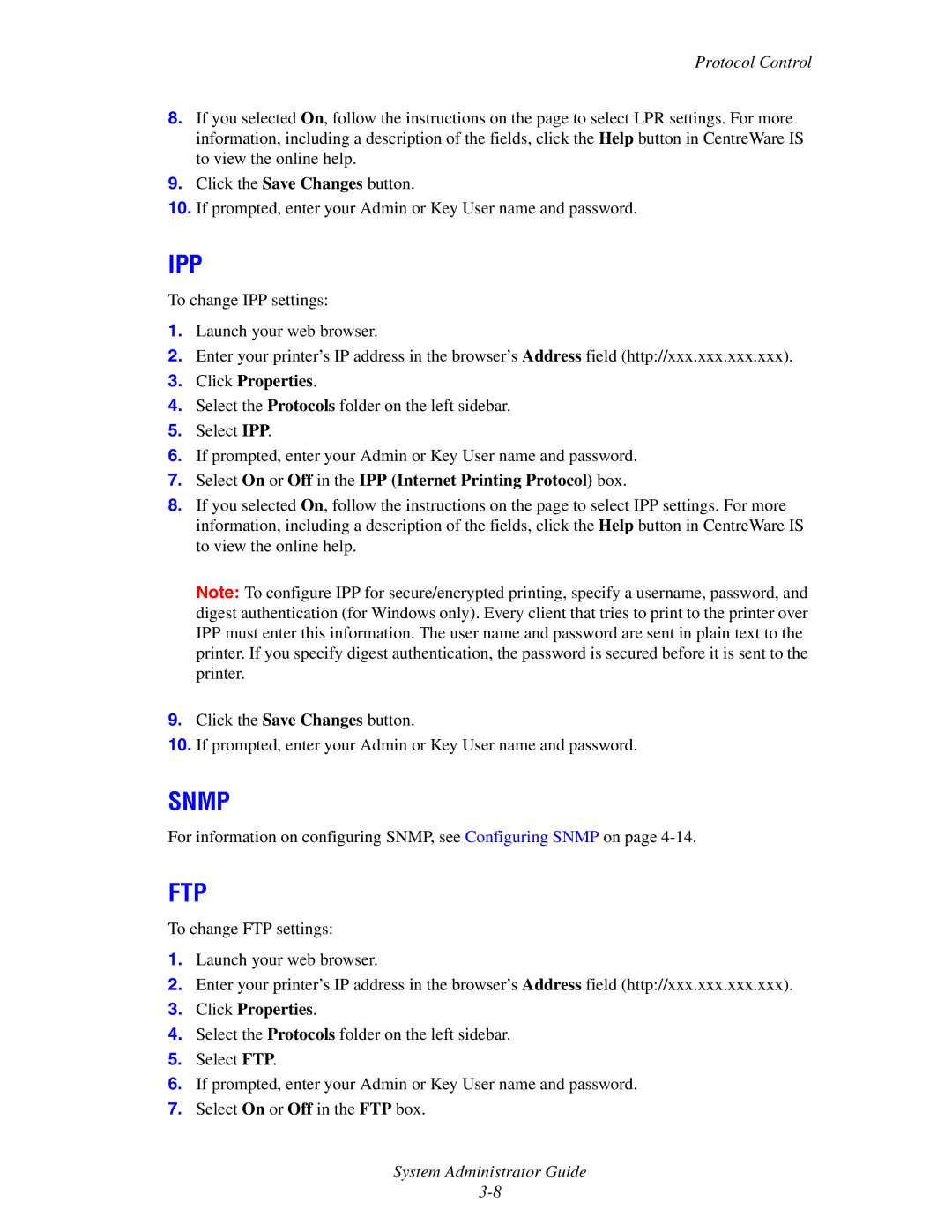 Xerox 6300, 6350, 8500, 8550 manual Ipp, Select On or Off in the IPP Internet Printing Protocol box 