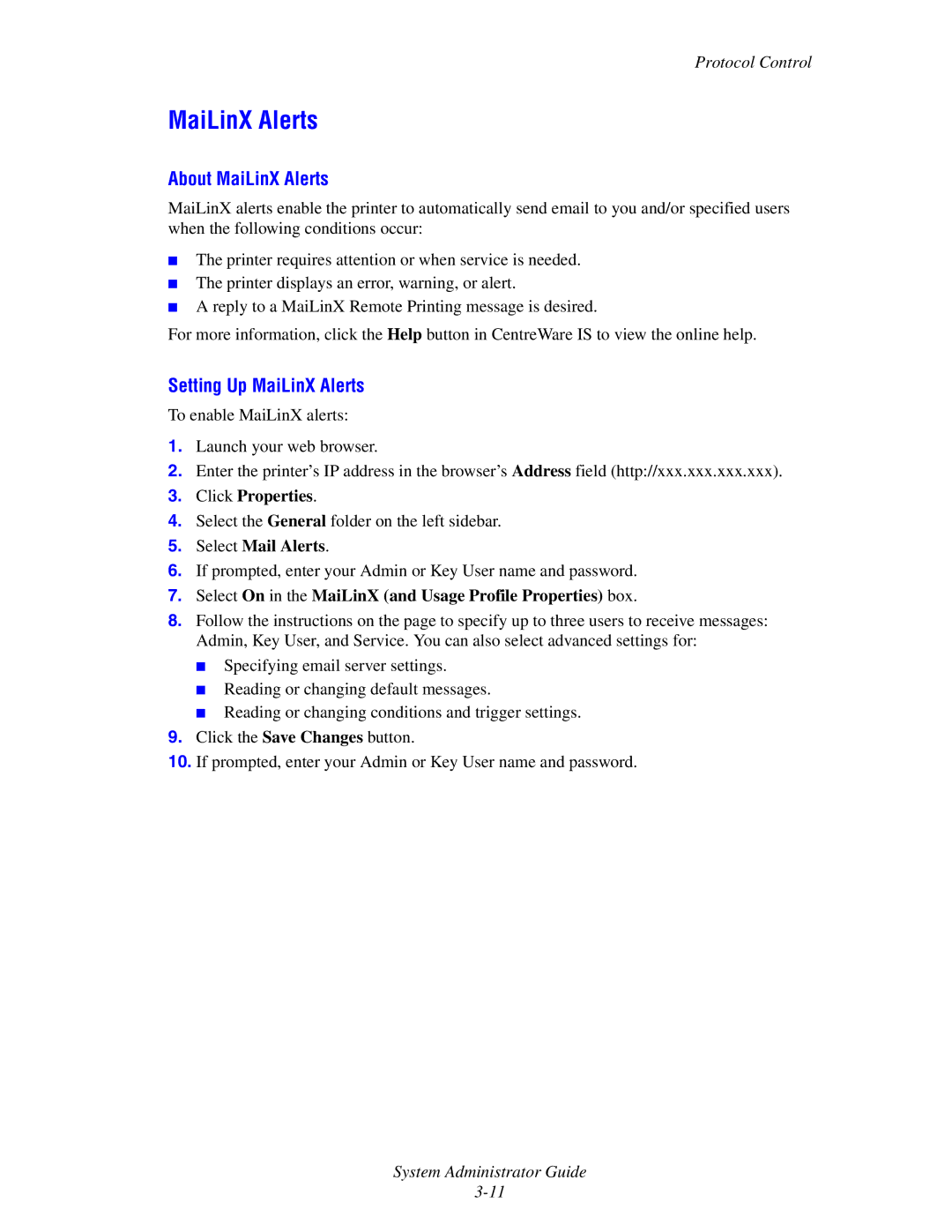 Xerox 6300, 6350, 8500, 8550 manual About MaiLinX Alerts, Setting Up MaiLinX Alerts, Select Mail Alerts 