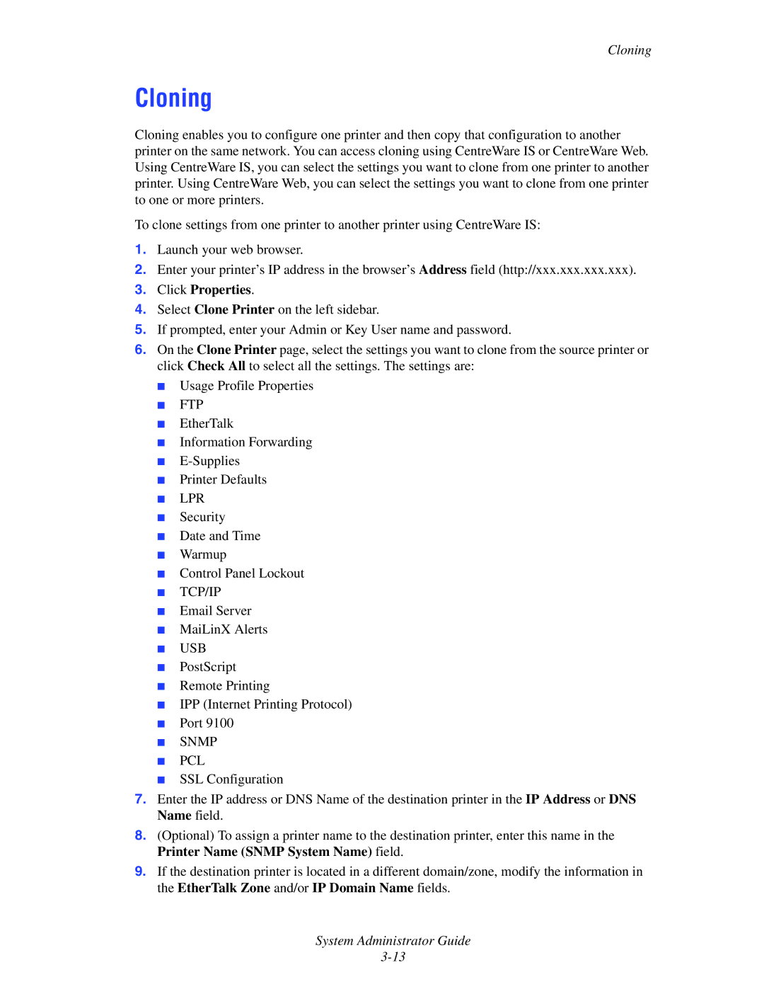 Xerox 6300, 6350, 8500, 8550 manual Cloning, Snmp PCL 