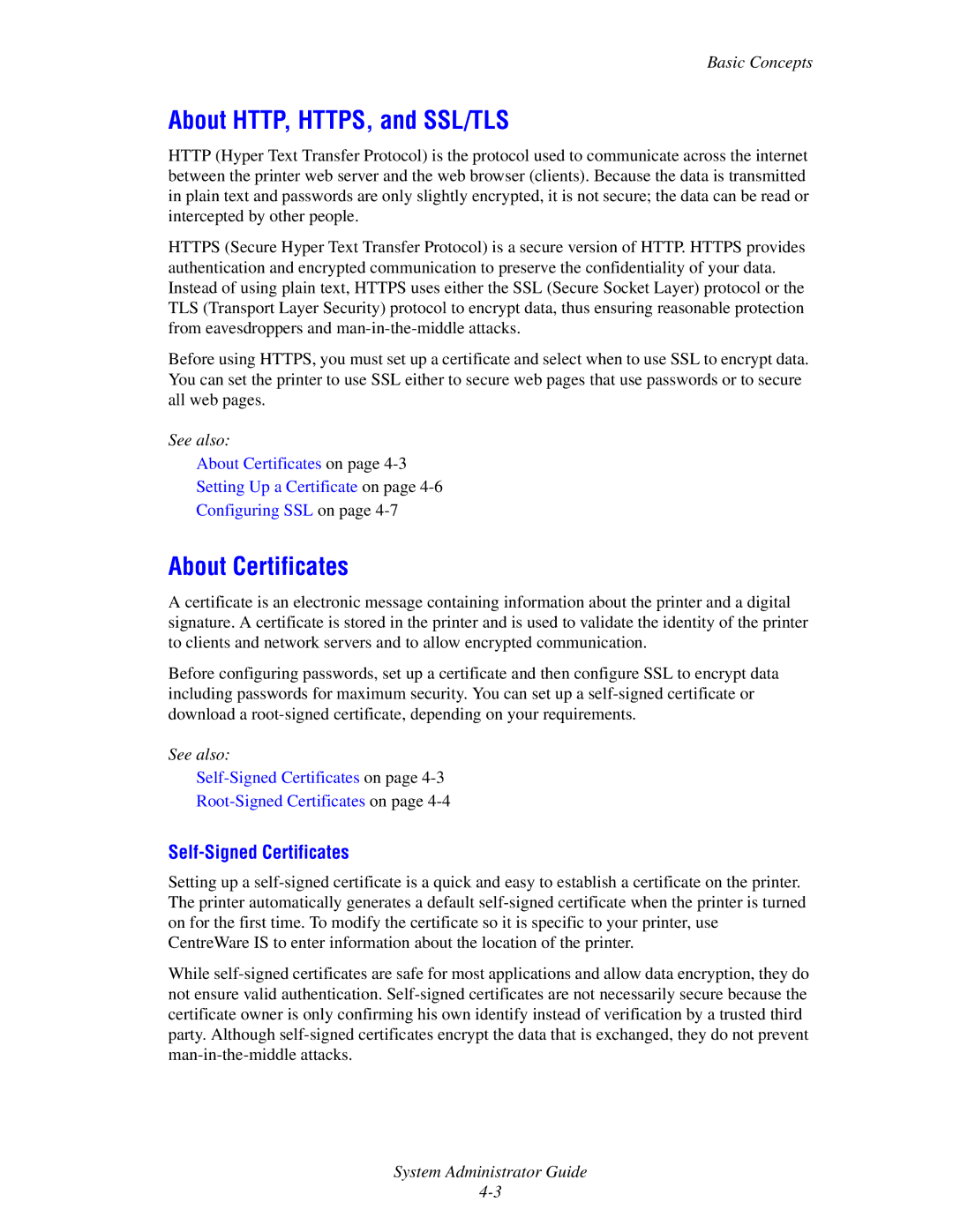 Xerox 6300, 6350, 8500, 8550 manual About HTTP, HTTPS, and SSL/TLS, About Certificates, Self-Signed Certificates 