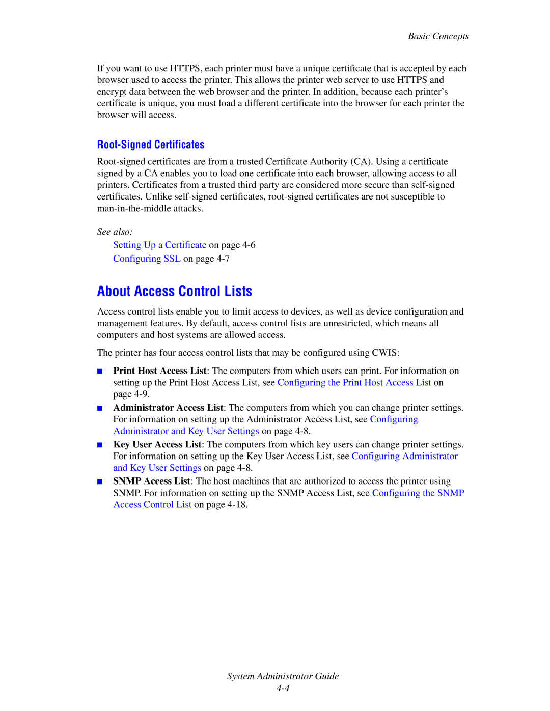 Xerox 6300, 6350, 8500, 8550 manual About Access Control Lists, Root-Signed Certificates 