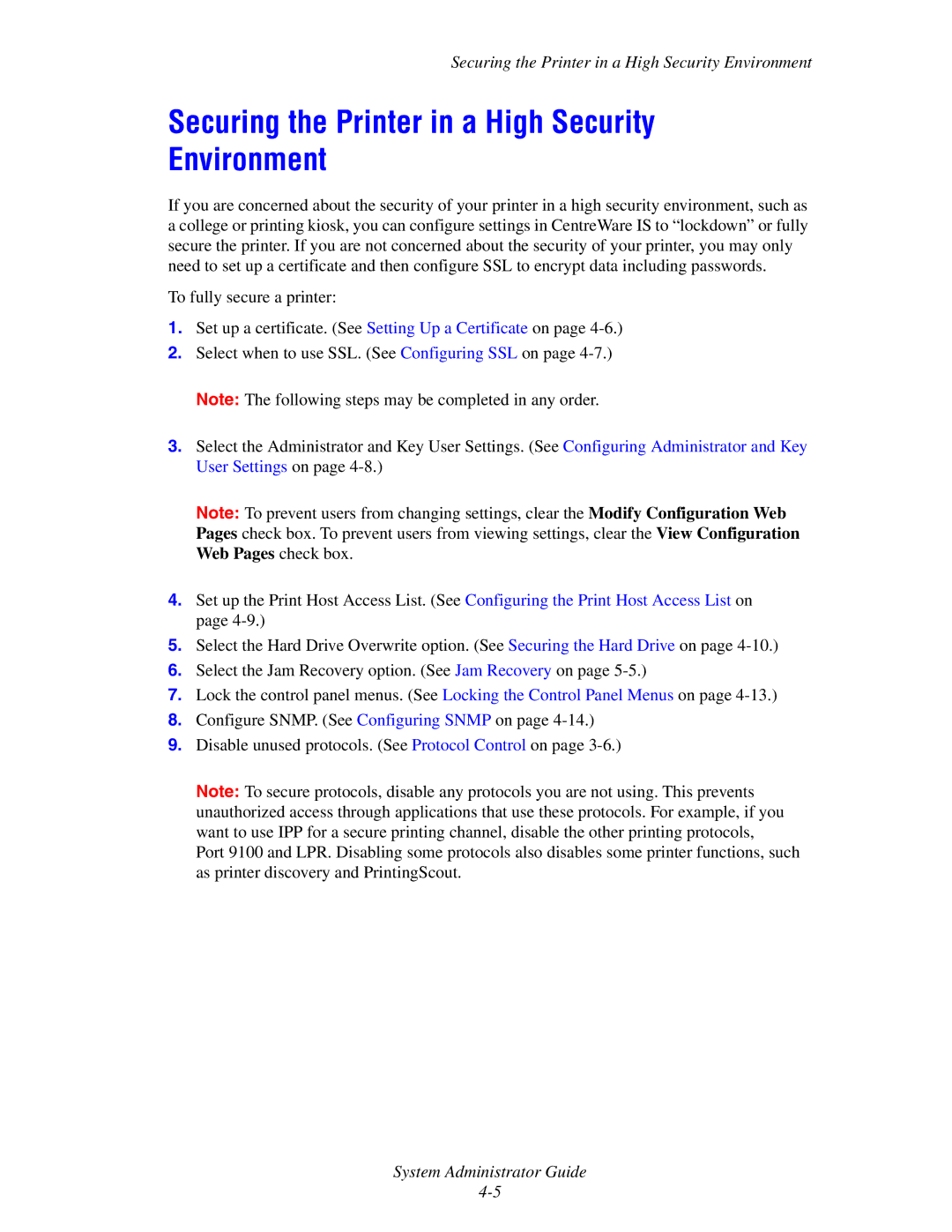 Xerox 6300, 6350, 8500, 8550 manual Securing the Printer in a High Security Environment 