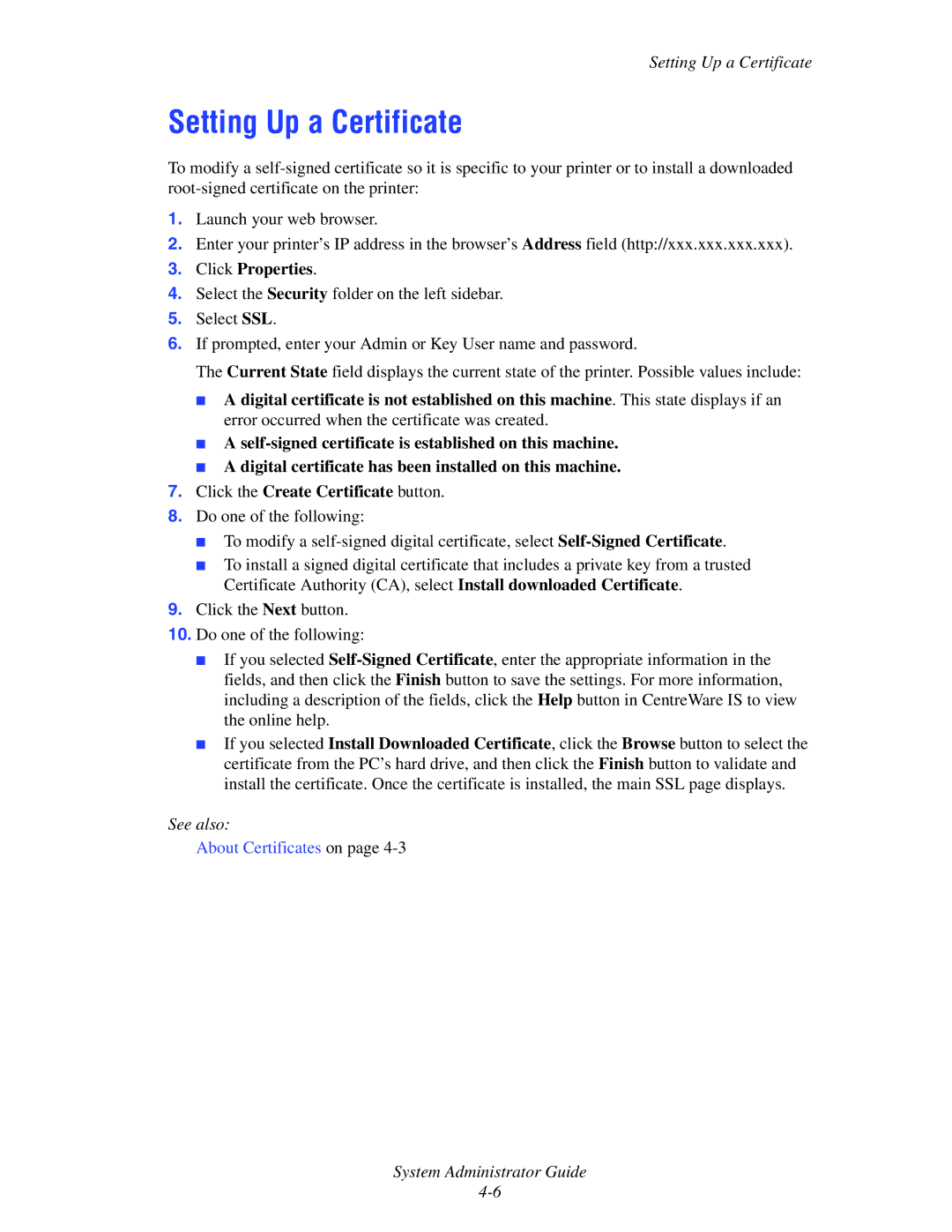 Xerox 6300, 6350, 8500, 8550 manual Setting Up a Certificate, Click Properties 