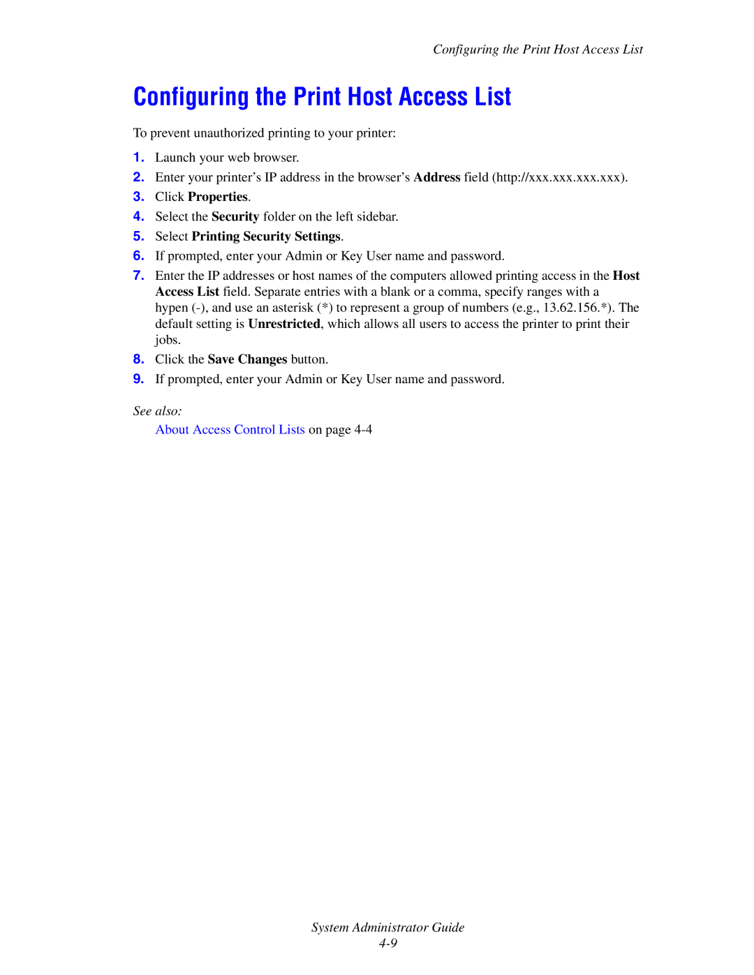Xerox 6300, 6350, 8500, 8550 manual Configuring the Print Host Access List, Select Printing Security Settings 