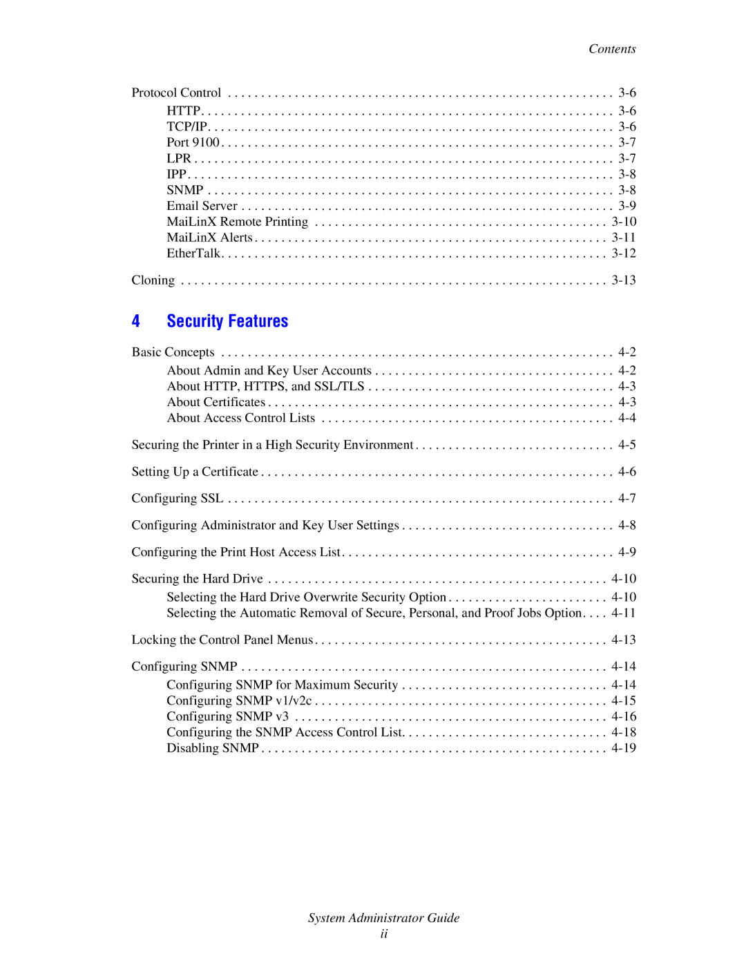 Xerox 6300, 6350, 8500, 8550 manual Security Features 