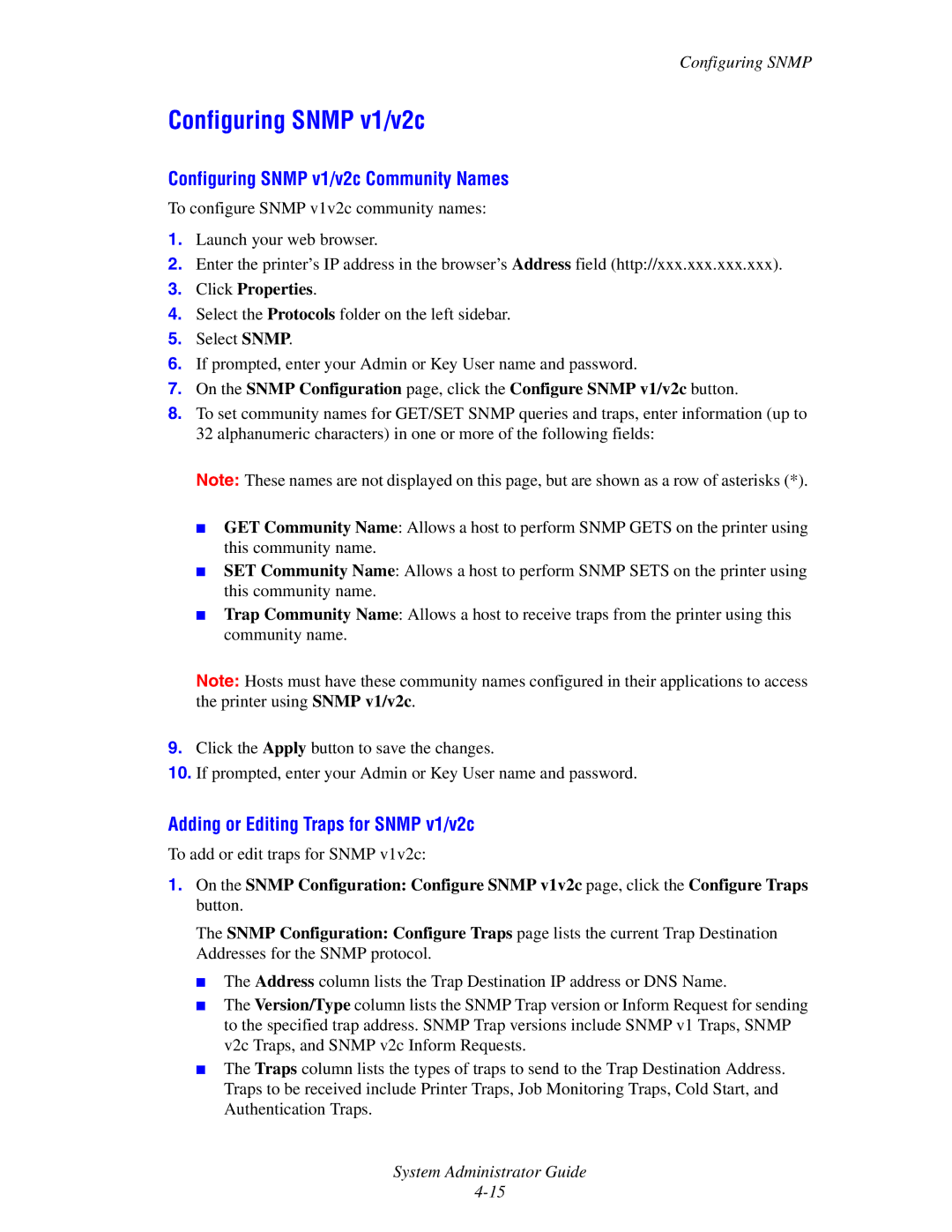 Xerox 6300, 6350, 8500, 8550 manual Configuring Snmp v1/v2c Community Names, Adding or Editing Traps for Snmp v1/v2c 