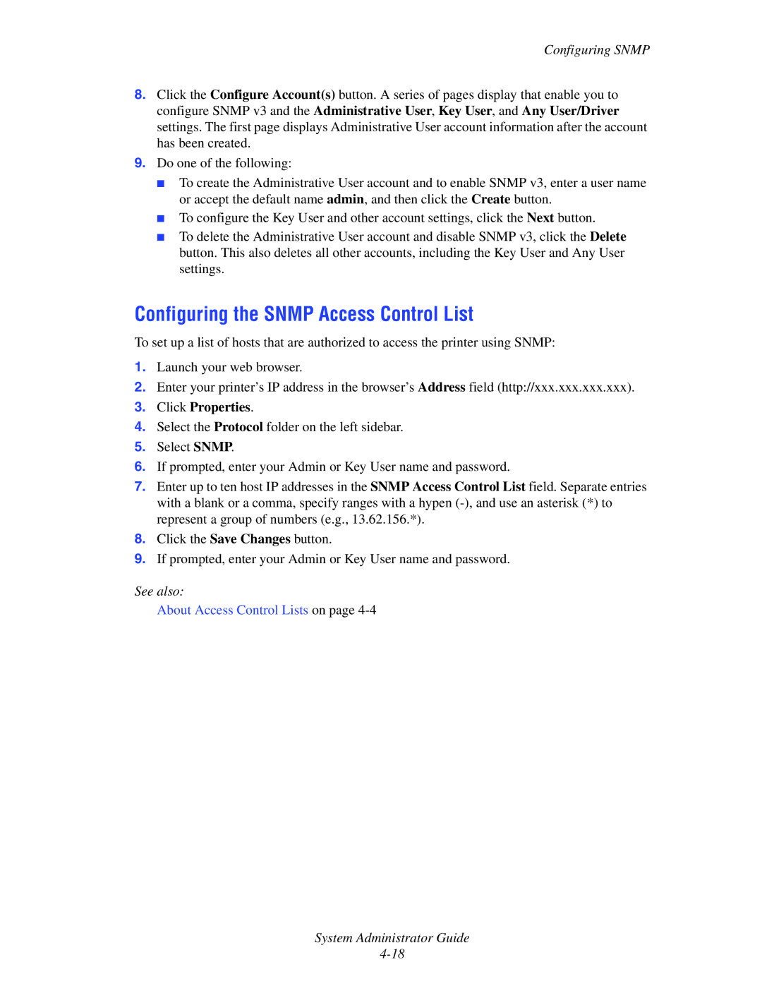 Xerox 6300, 6350, 8500, 8550 manual Configuring the Snmp Access Control List 