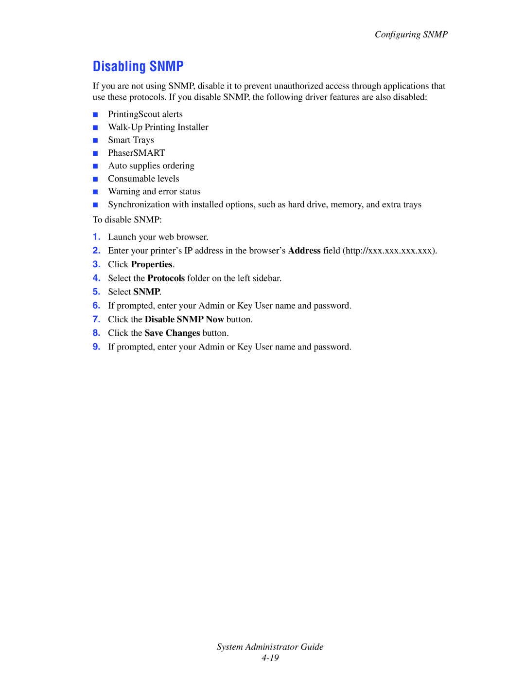 Xerox 6300, 6350, 8500, 8550 manual Disabling Snmp 