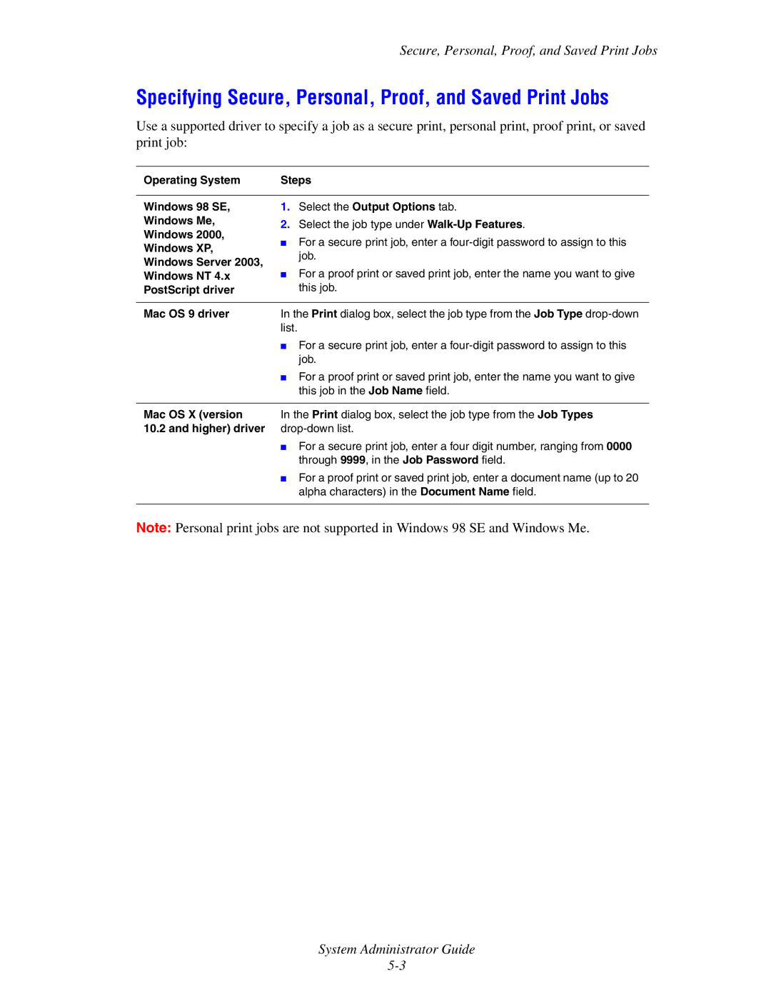 Xerox 6300, 6350, 8500, 8550 manual Specifying Secure, Personal, Proof, and Saved Print Jobs, Mac OS 9 driver 