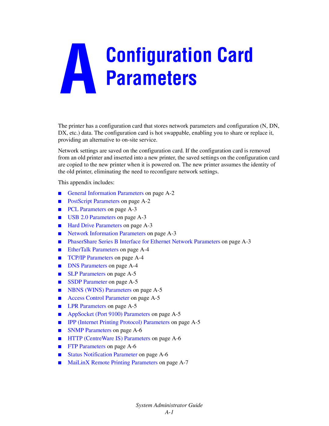 Xerox 6300, 6350, 8500, 8550 manual Configuration Card Parameters 