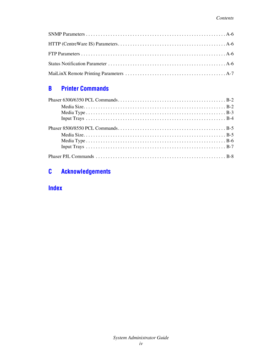 Xerox 6300, 6350, 8500, 8550 manual Acknowledgements Index 