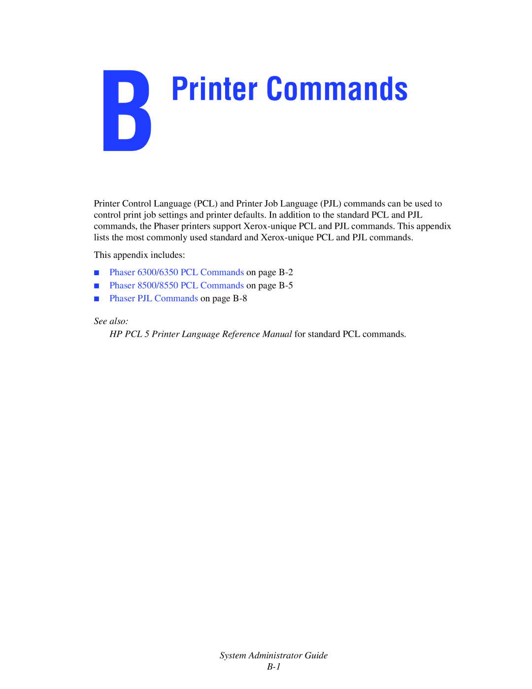 Xerox 6300, 6350, 8500, 8550 manual Printer Commands 