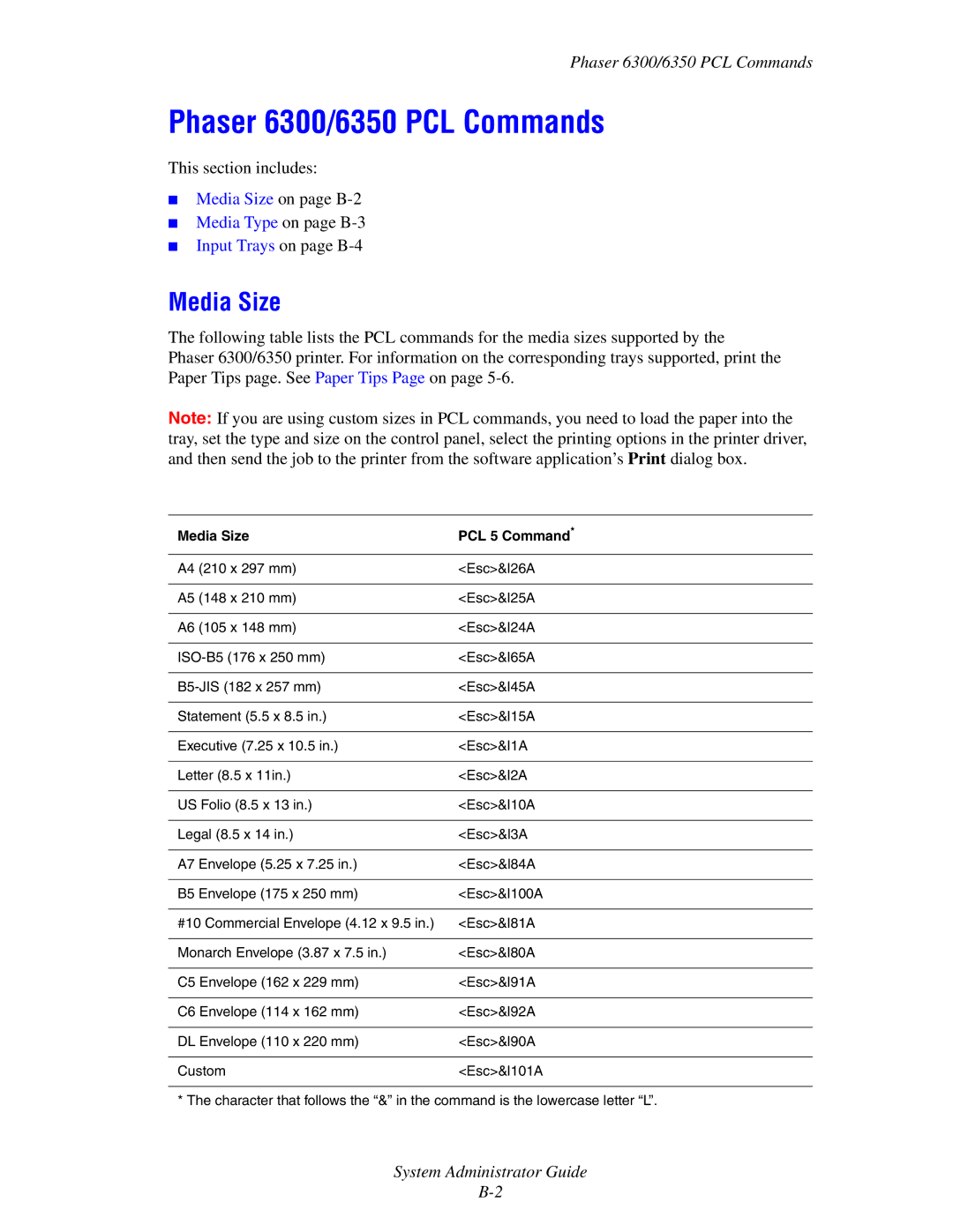 Xerox 6300, 6350, 8500, 8550 manual Phaser 6300/6350 PCL Commands, Media Size 