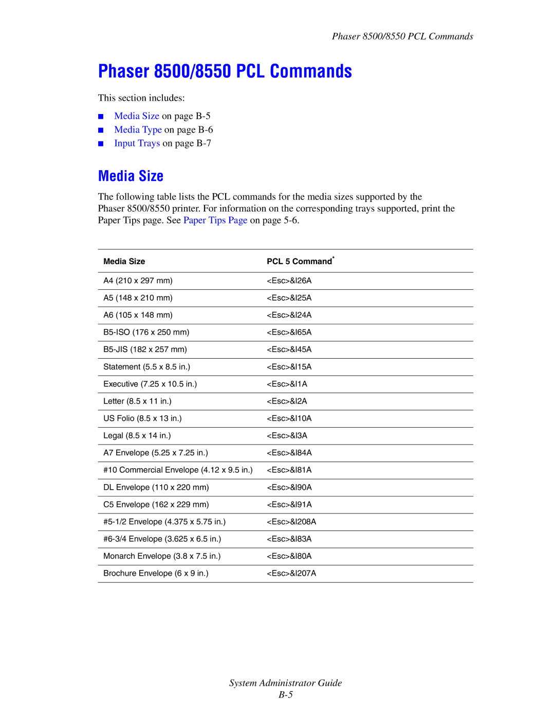 Xerox 6300, 6350, 8500, 8550 manual Phaser 8500/8550 PCL Commands, Media Size 