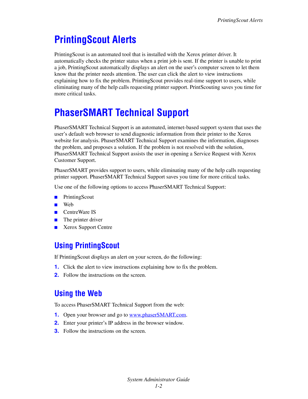 Xerox 6300, 6350, 8500, 8550 manual PrintingScout Alerts, PhaserSMART Technical Support, Using PrintingScout, Using the Web 