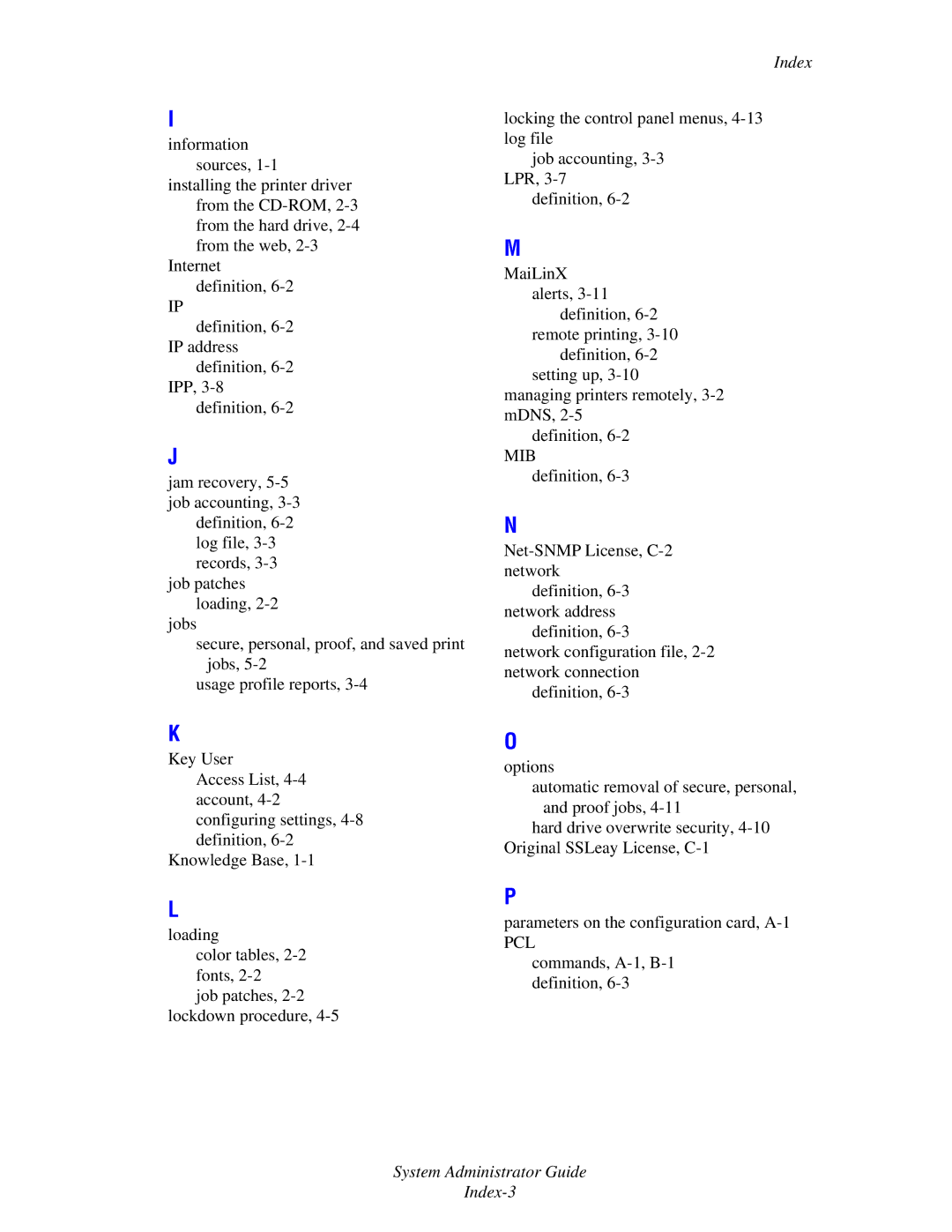 Xerox 6300, 6350, 8500, 8550 manual System Administrator Guide Index-3 