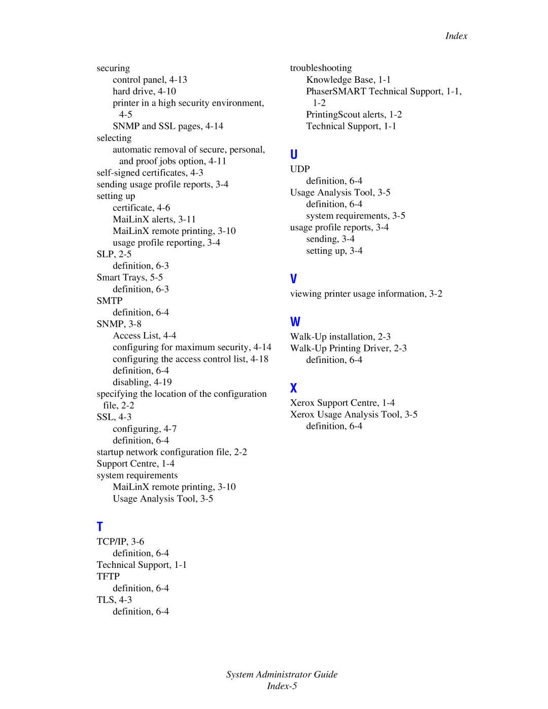 Xerox 6300, 6350, 8500, 8550 manual System Administrator Guide Index-5 