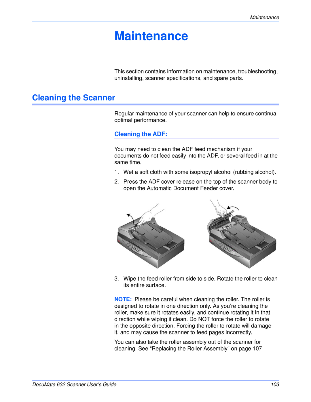 Xerox 632 manual Cleaning the Scanner, Cleaning the ADF 