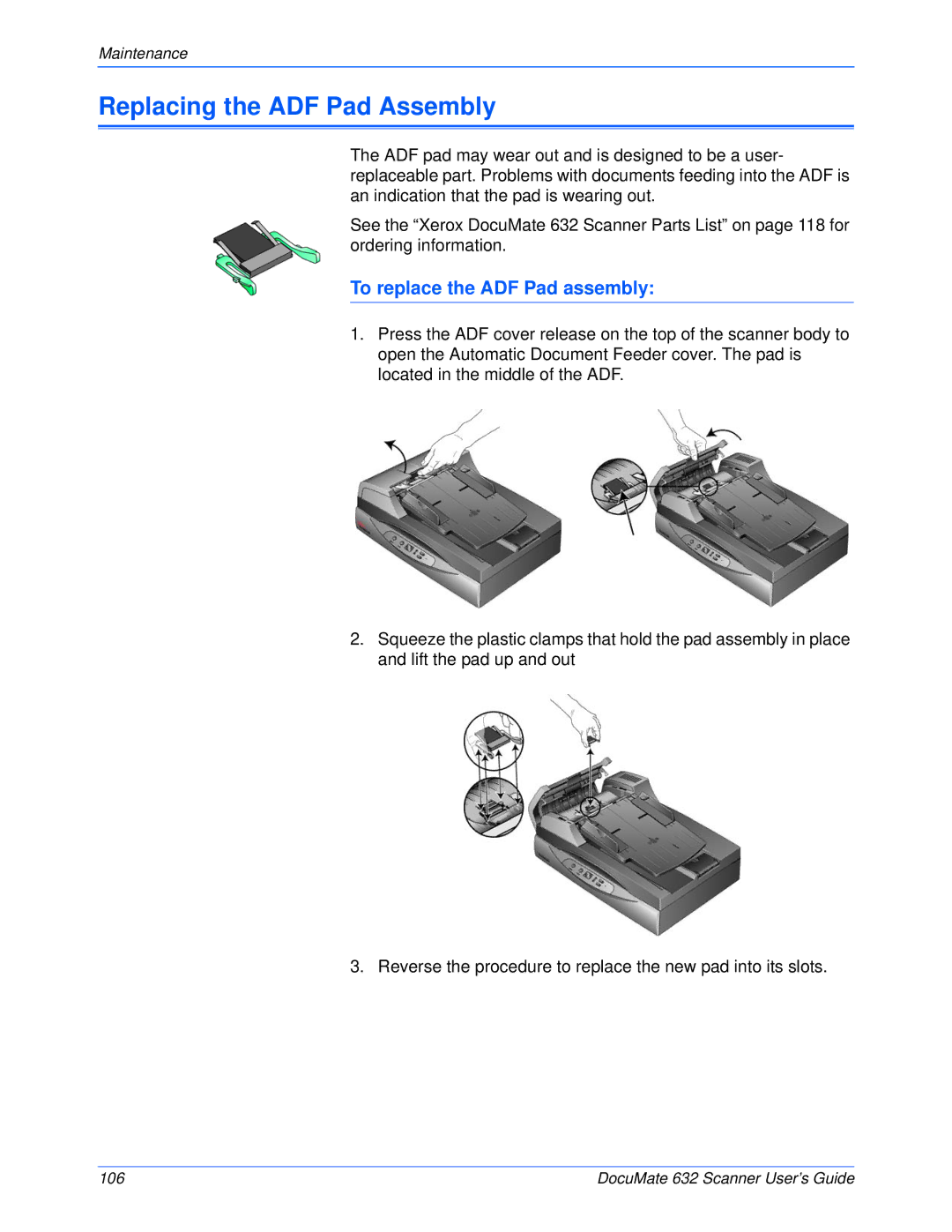 Xerox 632 manual Replacing the ADF Pad Assembly, To replace the ADF Pad assembly 