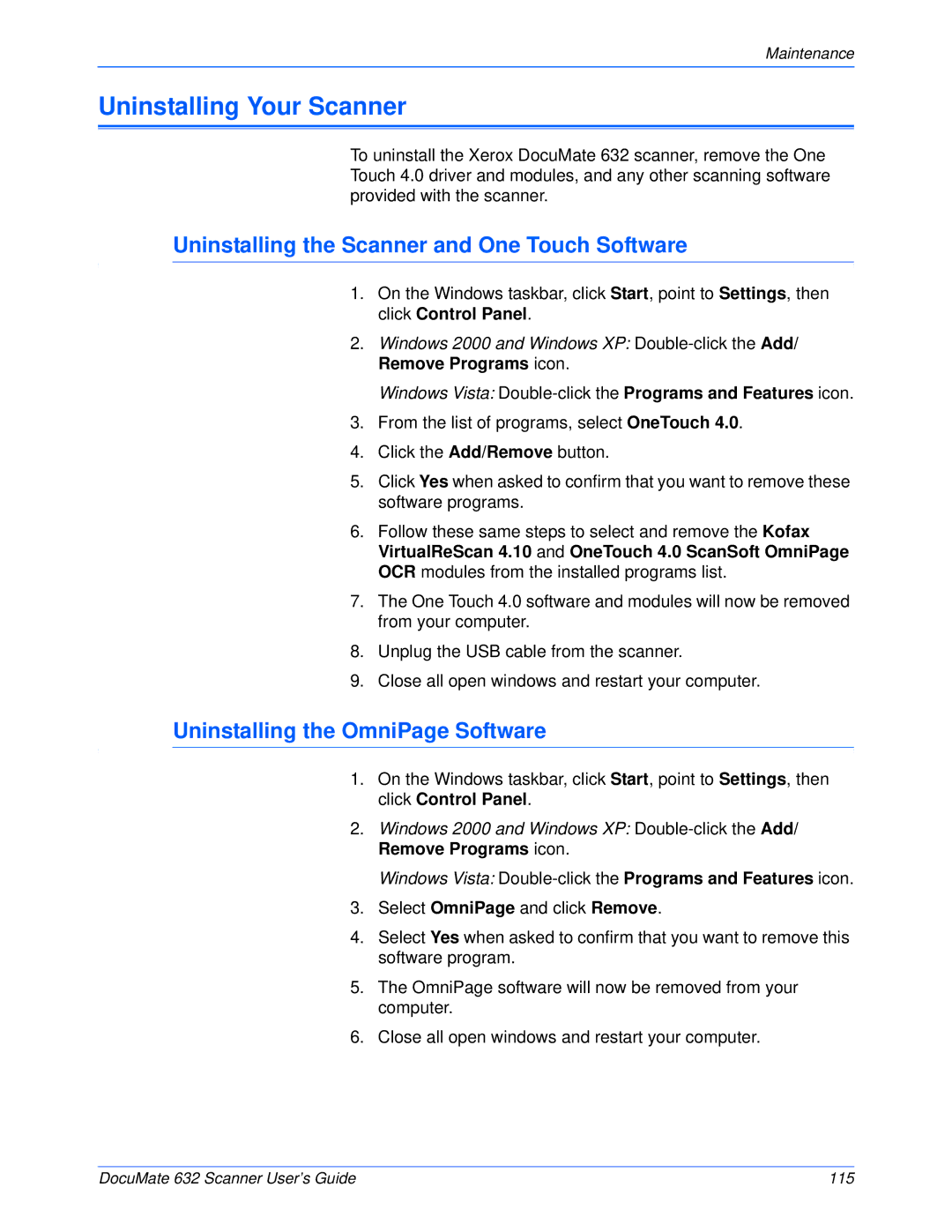 Xerox 632 Uninstalling Your Scanner, Uninstalling the Scanner and One Touch Software, Uninstalling the OmniPage Software 