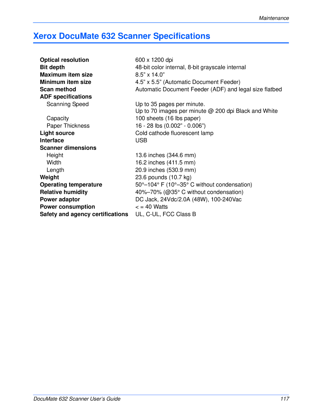 Xerox manual Xerox DocuMate 632 Scanner Specifications 