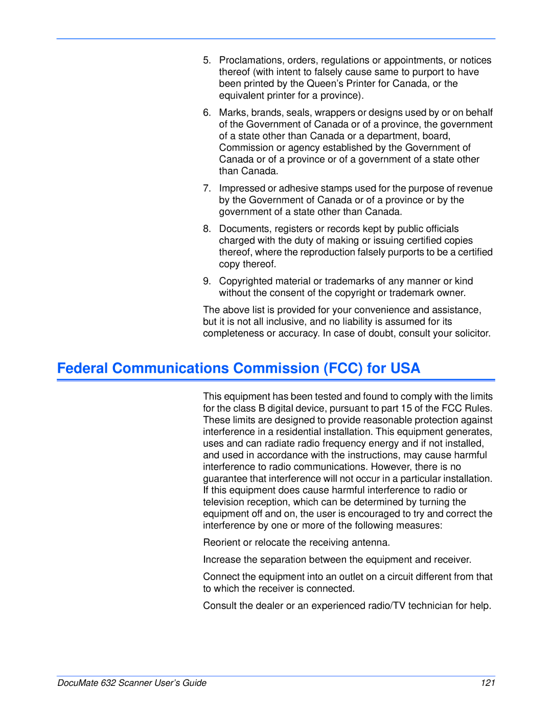 Xerox 632 manual Federal Communications Commission FCC for USA 