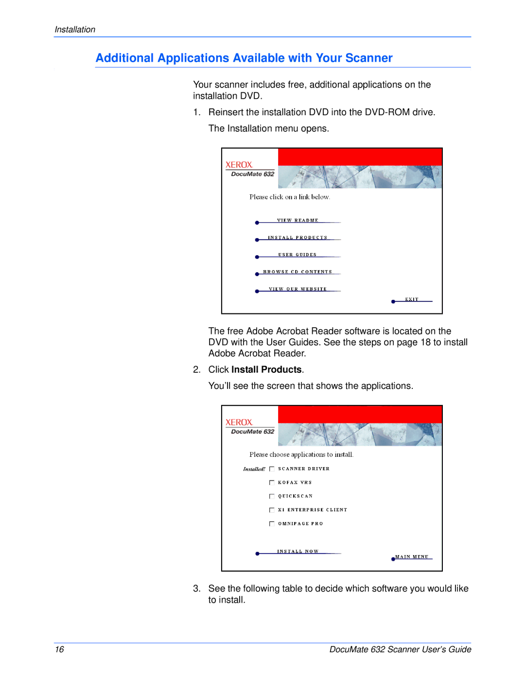 Xerox 632 manual Additional Applications Available with Your Scanner, Click Install Products 