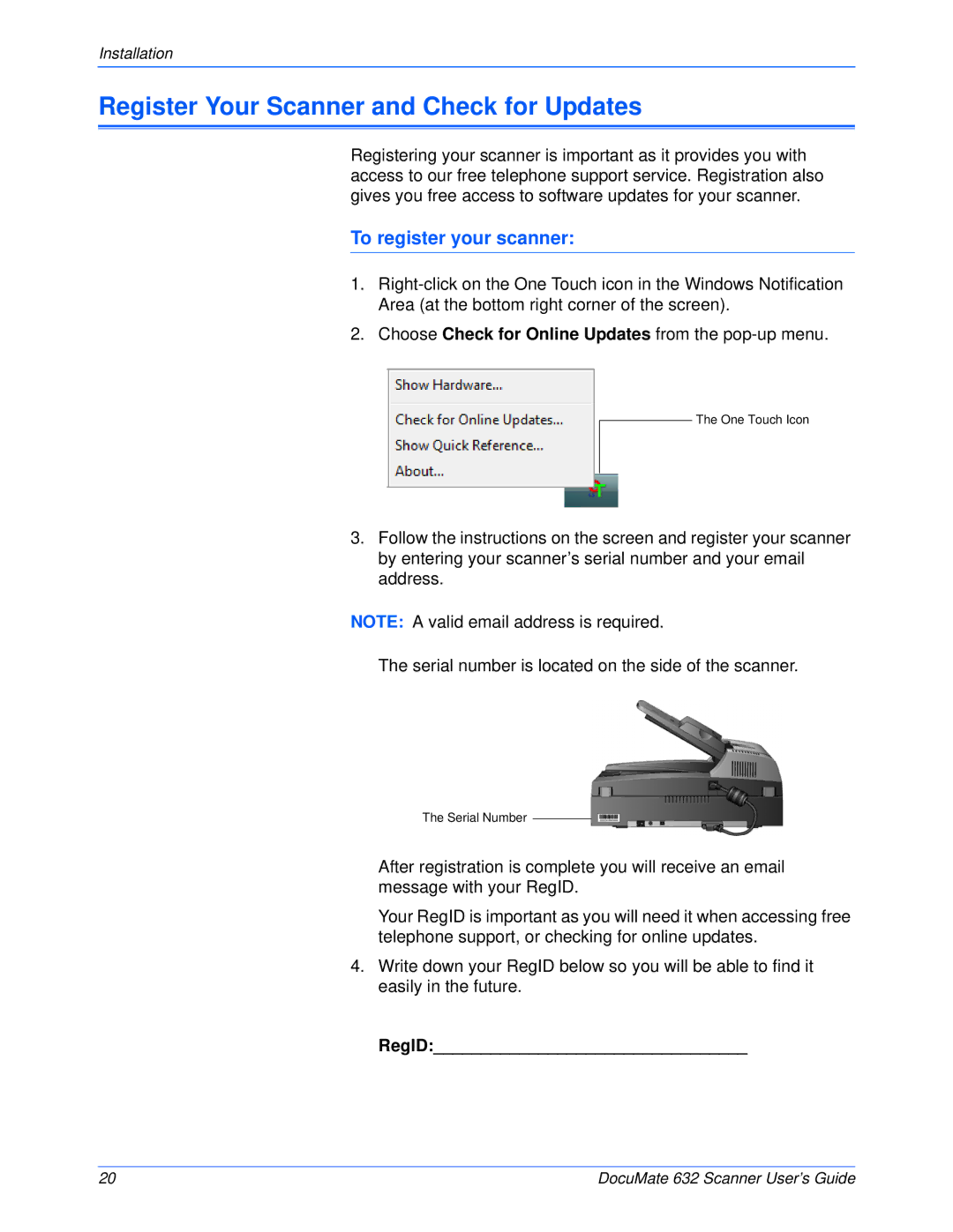 Xerox 632 manual Register Your Scanner and Check for Updates, To register your scanner, RegID 