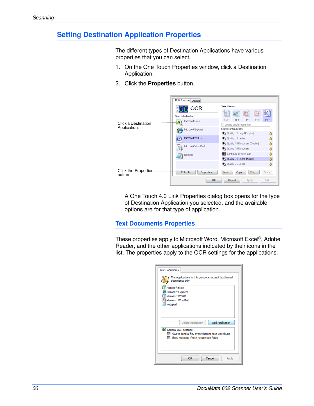 Xerox 632 manual Setting Destination Application Properties, Text Documents Properties 