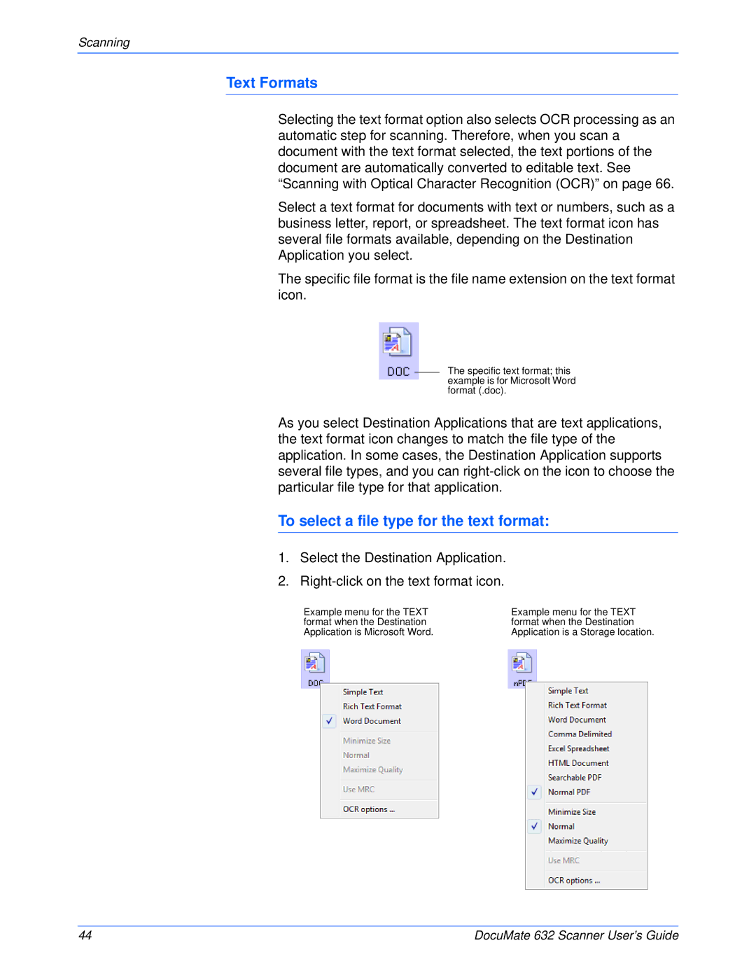 Xerox 632 manual Text Formats, To select a file type for the text format 