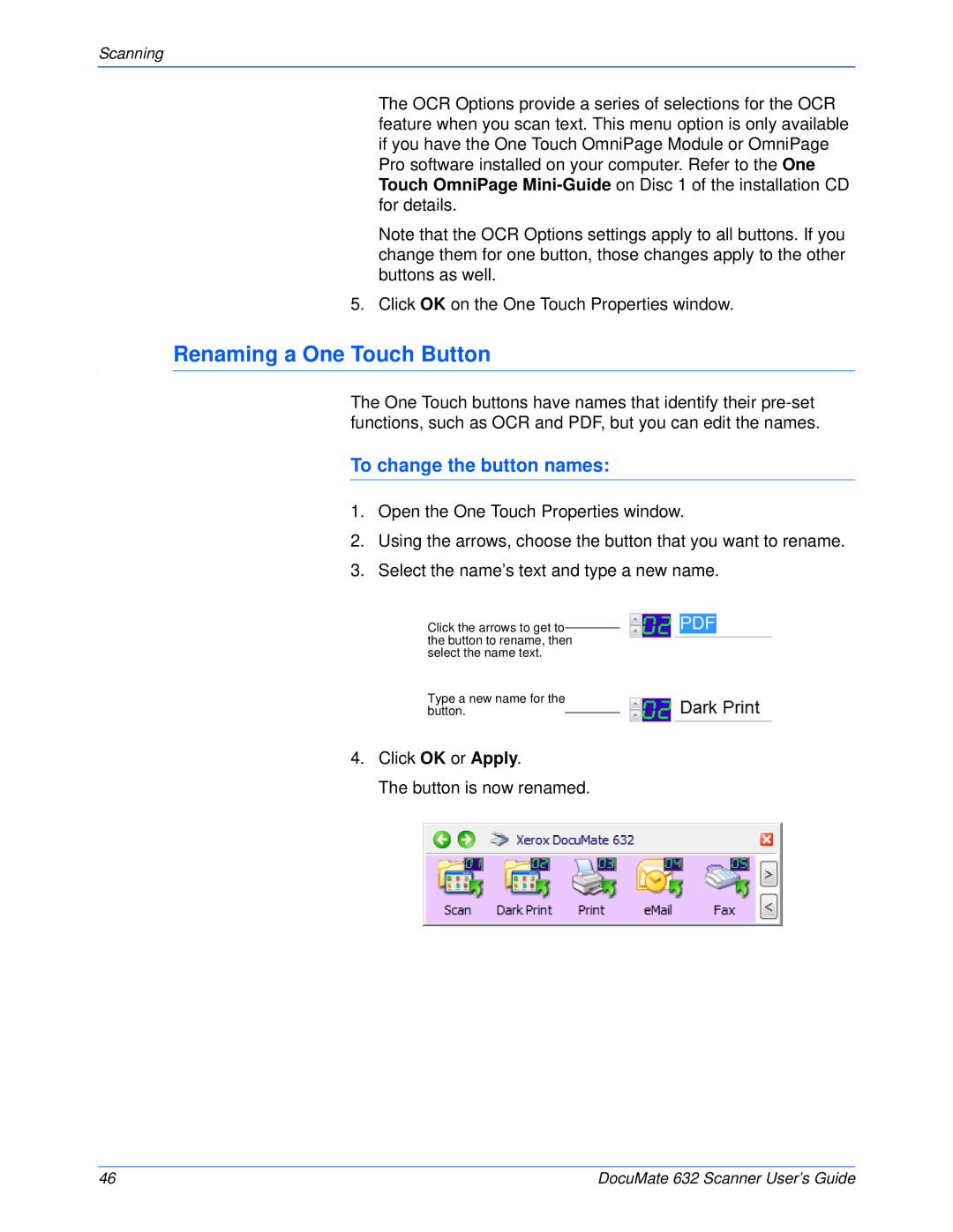 Xerox 632 manual Renaming a One Touch Button, To change the button names 