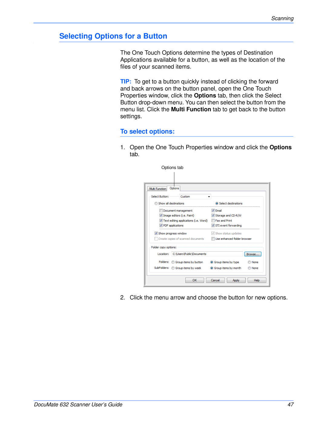 Xerox 632 manual Selecting Options for a Button, To select options 