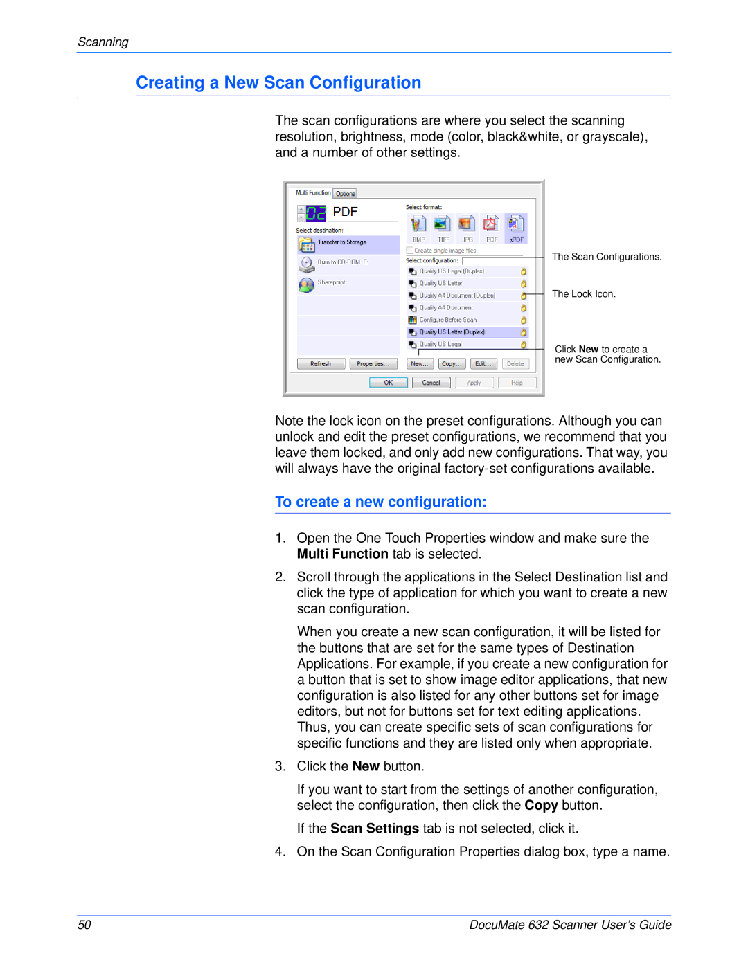 Xerox 632 manual Creating a New Scan Configuration, To create a new configuration 