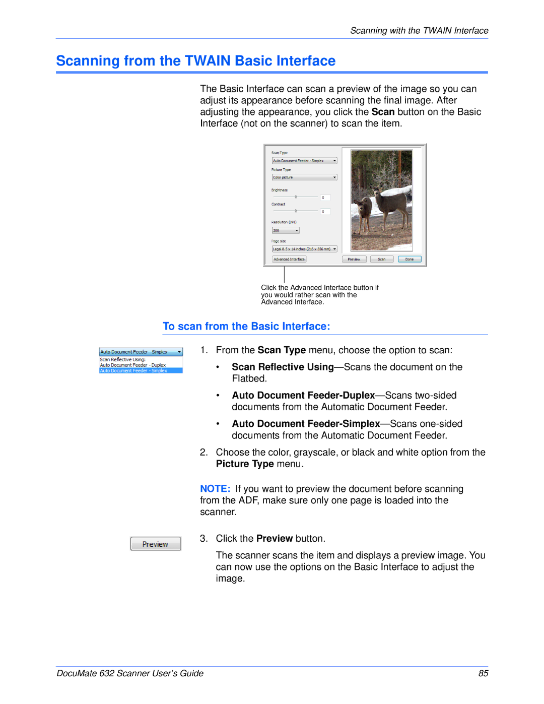 Xerox 632 manual Scanning from the Twain Basic Interface, To scan from the Basic Interface 