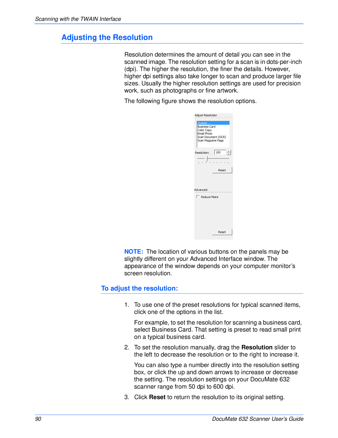 Xerox 632 manual Adjusting the Resolution, To adjust the resolution 