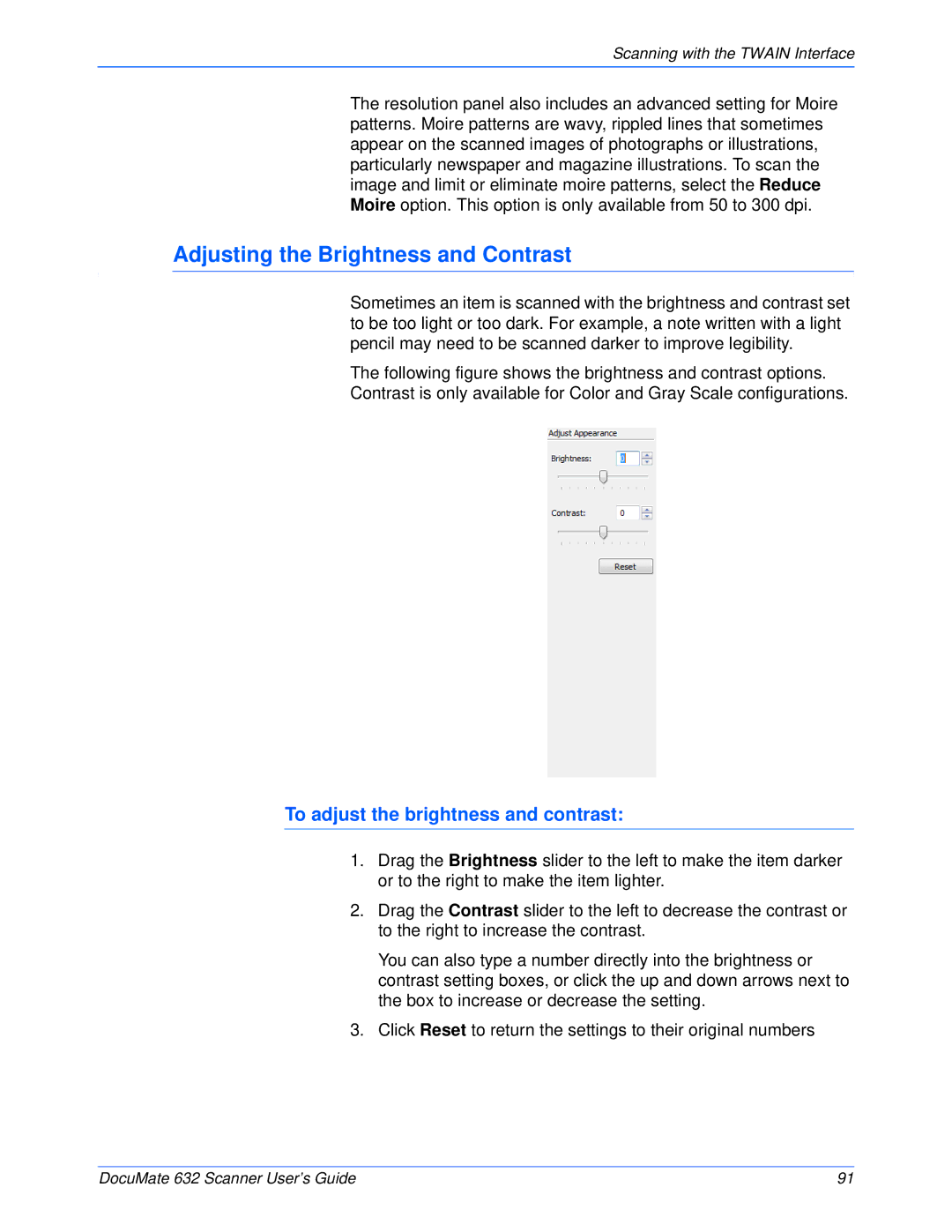 Xerox 632 manual Adjusting the Brightness and Contrast, To adjust the brightness and contrast 