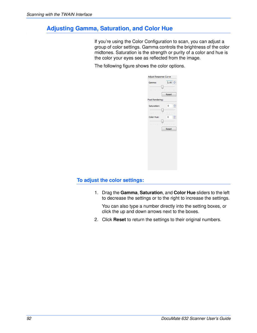 Xerox 632 manual Adjusting Gamma, Saturation, and Color Hue, To adjust the color settings 