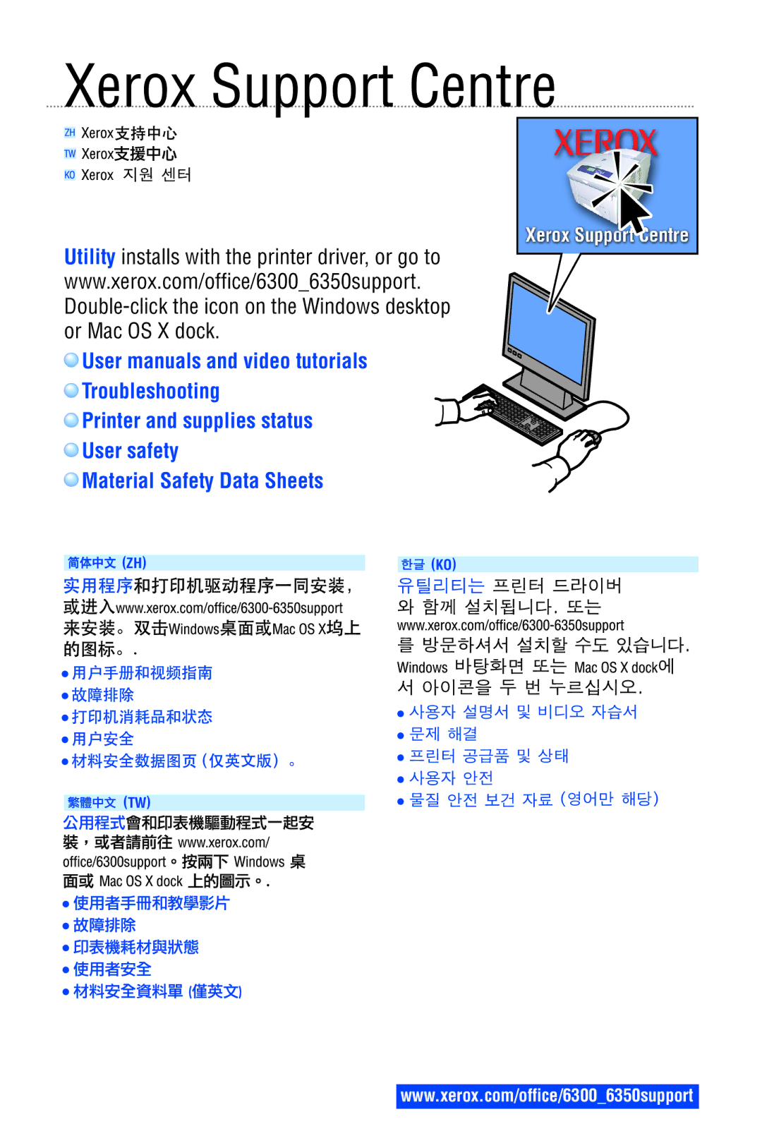 Xerox 6350, 6300 manual Xerox Support Centre 