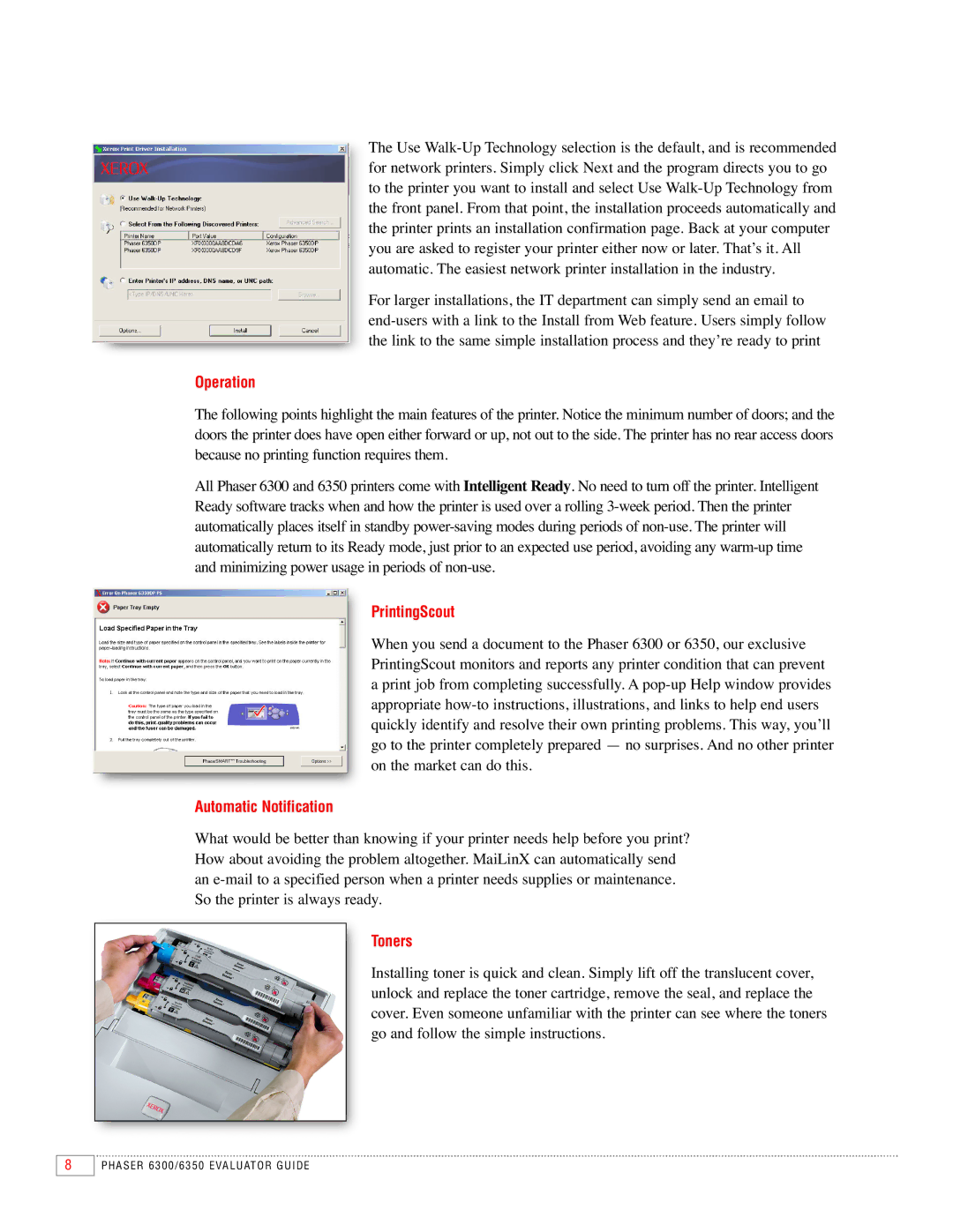 Xerox 6350, 6300 manual Operation, PrintingScout, Automatic Notification, Toners 