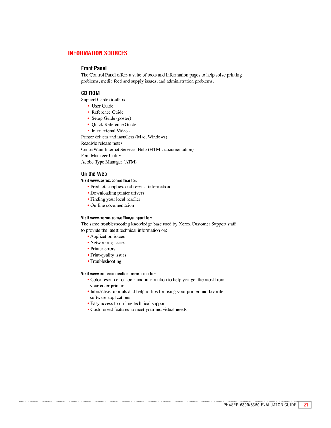 Xerox 6300, 6350 manual Information Sources, Front Panel 