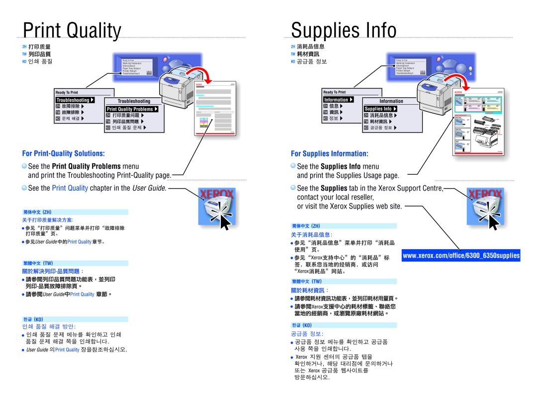 Xerox 6350 Print Quality, Supplies Info, For Print-Quality Solutions, and print the Troubleshooting Print-Quality page 