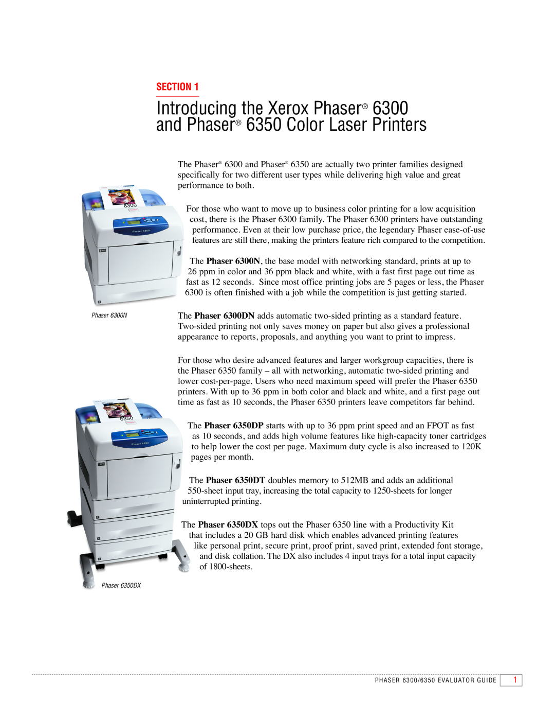 Xerox manual Section, Phaser 6300N Phaser 6350DX 