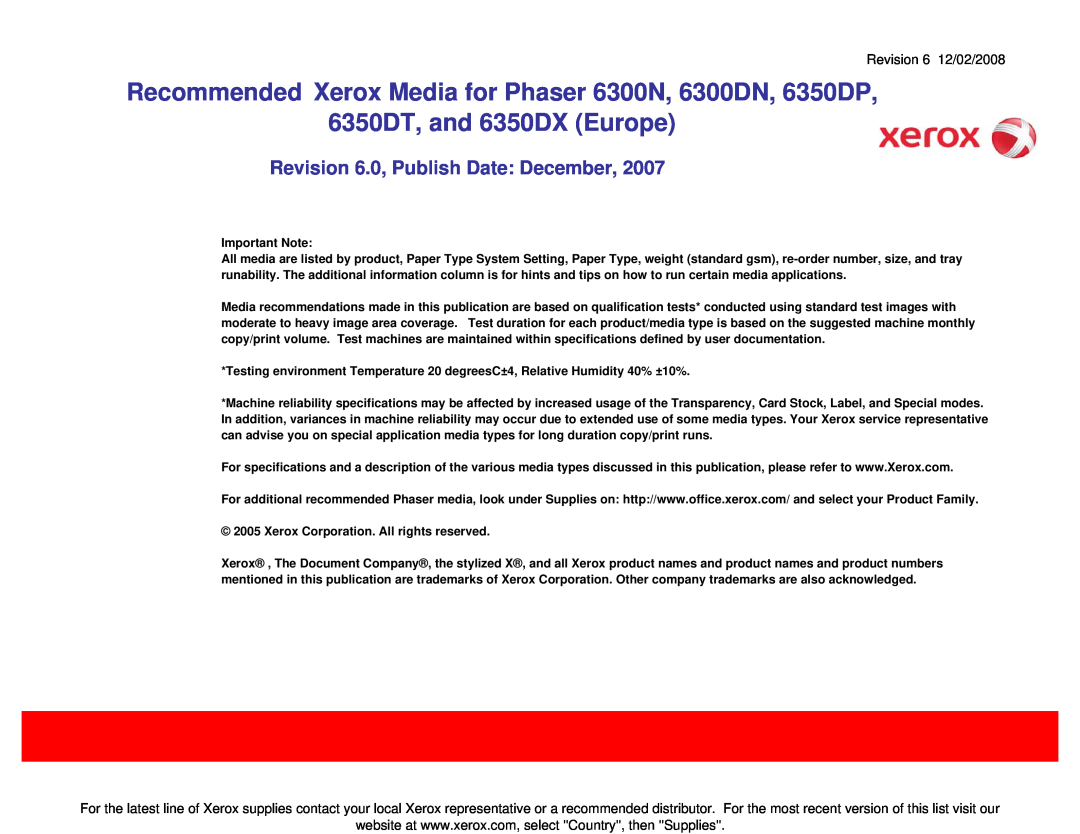 Xerox 6300/DN, 6350/DP specifications Recommended Xerox Media for Phaser 6300N, 6300DN, 6350DP, 6350DT, and 6350DX Europe 