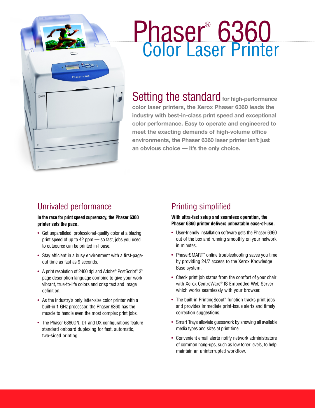 Xerox 6360 manual Unrivaled performance, Printing simplified, Phaser, Color Laser Printer 
