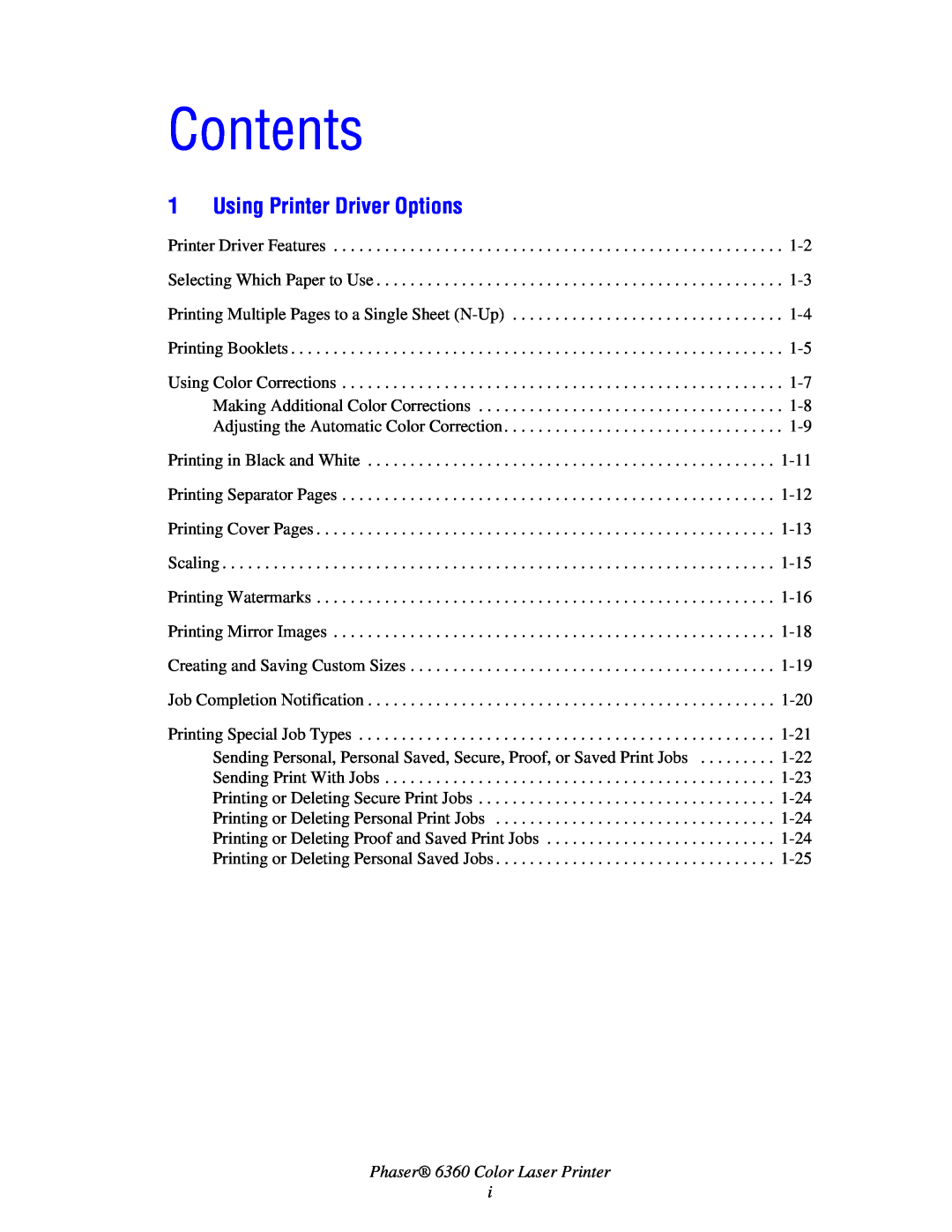 Xerox manual Contents, Using Printer Driver Options, Phaser 6360 Color Laser Printer i 