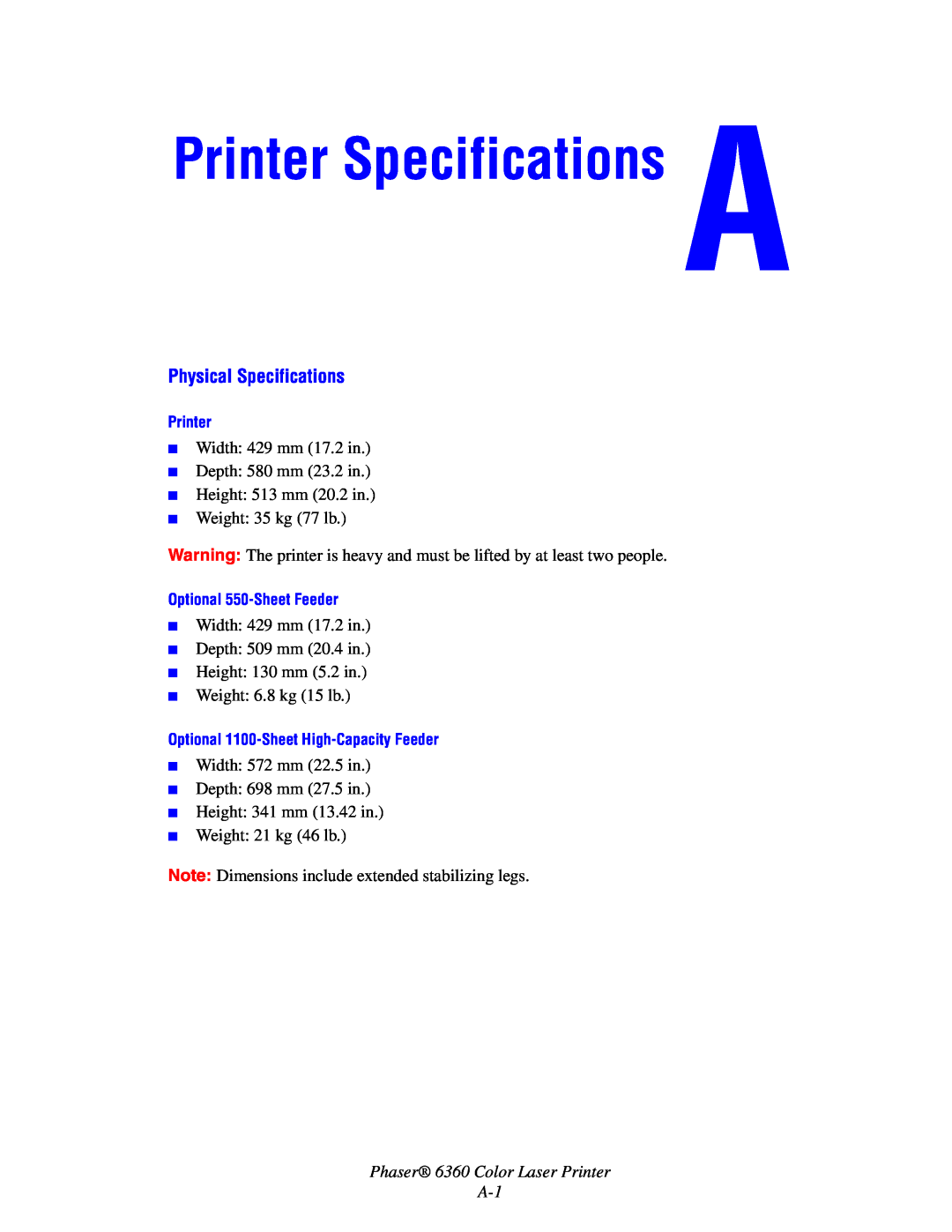 Xerox manual Printer Specifications, Physical Specifications, Phaser 6360 Color Laser Printer A-1 