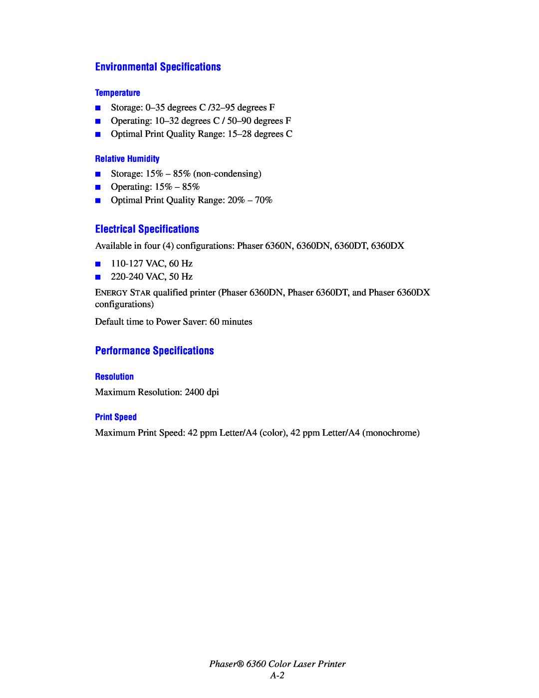 Xerox 6360 manual Environmental Specifications, Electrical Specifications, Performance Specifications 