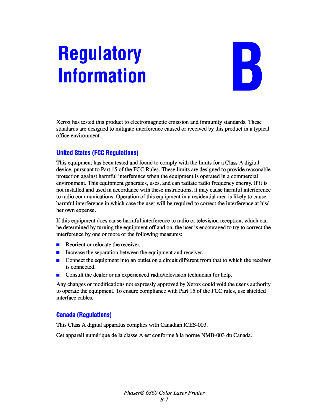 Xerox Regulatory Information, United States FCC Regulations, Canada Regulations, Phaser 6360 Color Laser Printer B-1 